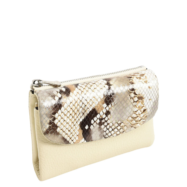 Womens Real Leather Purse Snake-Print Clutch Wallet HOL8833 Off White
