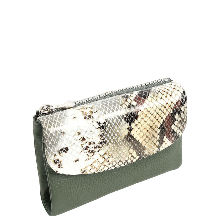 Womens Real Leather Purse Snake-Print Clutch Wallet HOL8833 Green