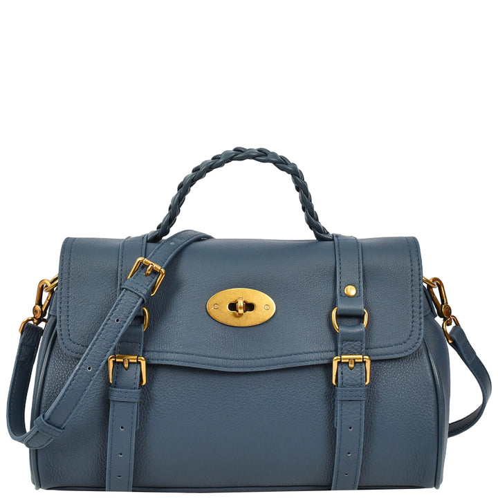 Womens Real Leather Handbag Classic Satchel Top-Handle Style Greta Blue-1
