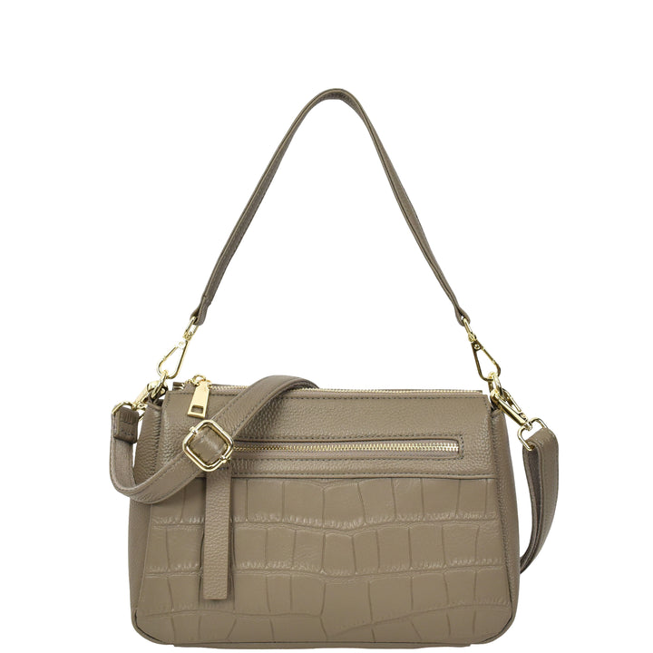 Womens Real Leather Shoulder Handbag Croc-Print Design Everyday Bag Edlyn Grey