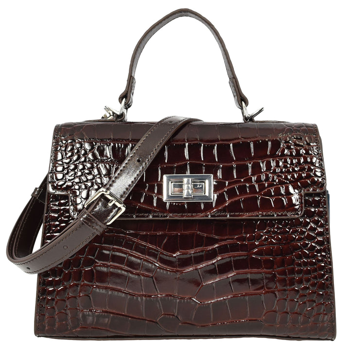 Women's Leather Structured Top Handle Handbag with Shoulder Strap HOL8617 Coffee