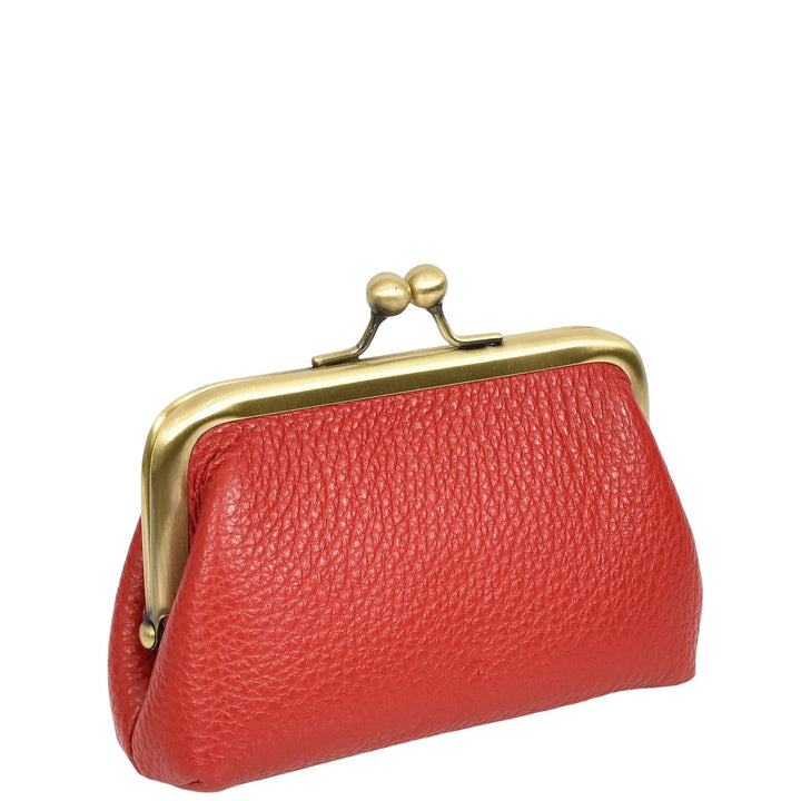 Womens Real Leather Small Coin Purse with Kiss Lock Closure HOL2205 Red