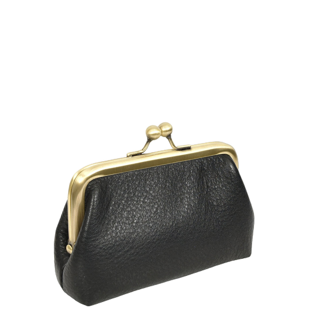 Womens Real Leather Small Coin Purse with Kiss Lock Closure HOL2205 Black