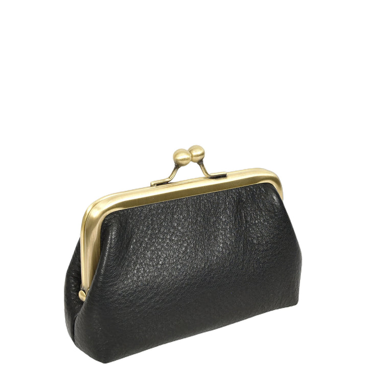 Womens Real Leather Small Coin Purse with Kiss Lock Closure HOL2205 Black