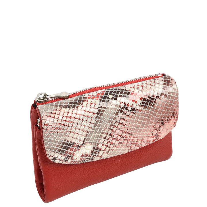 Womens Real Leather Purse Snake-Print Clutch Wallet HOL8833 Red