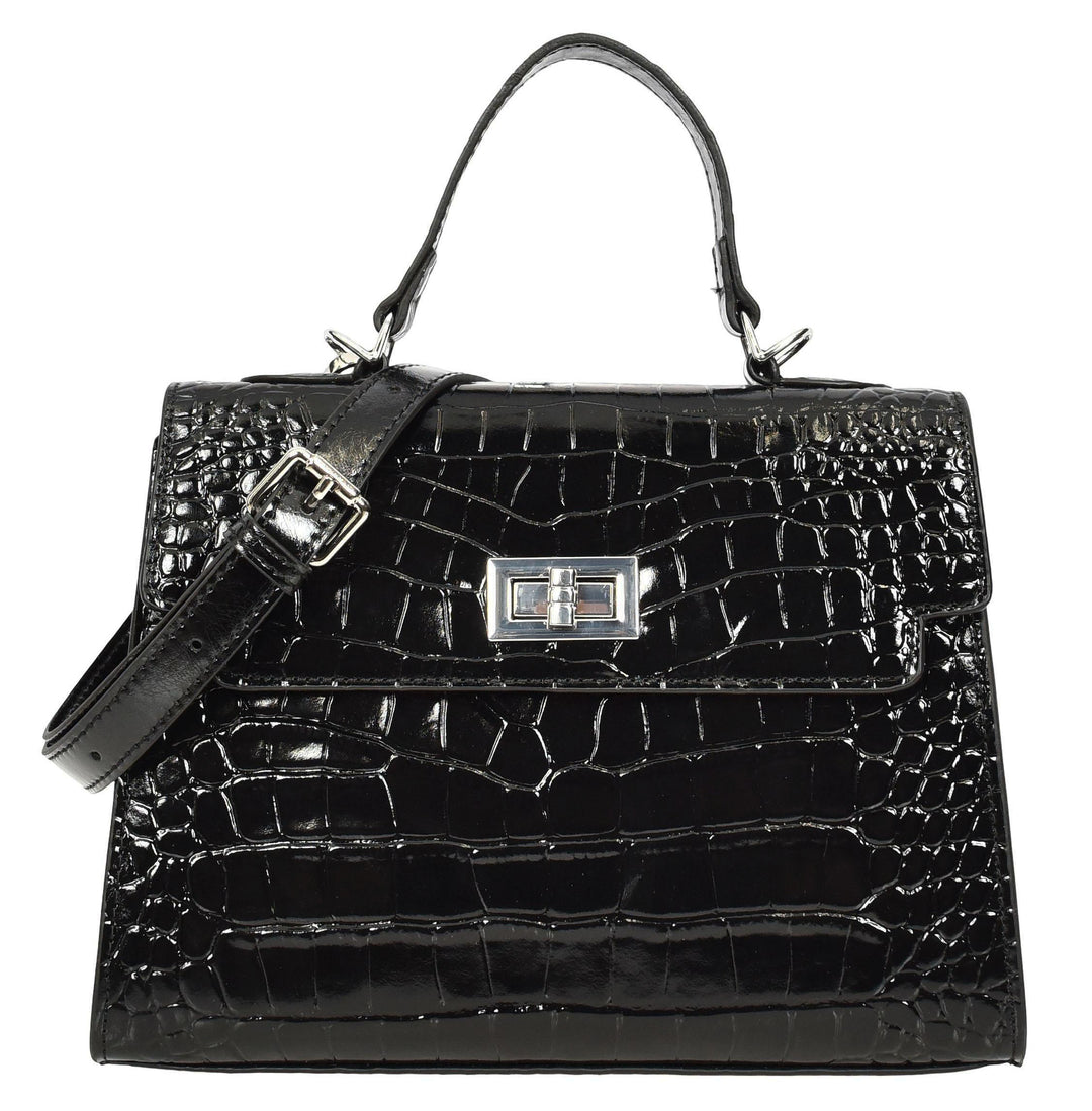 Women's Leather Structured Top Handle Handbag with Shoulder Strap HOL8617 Black