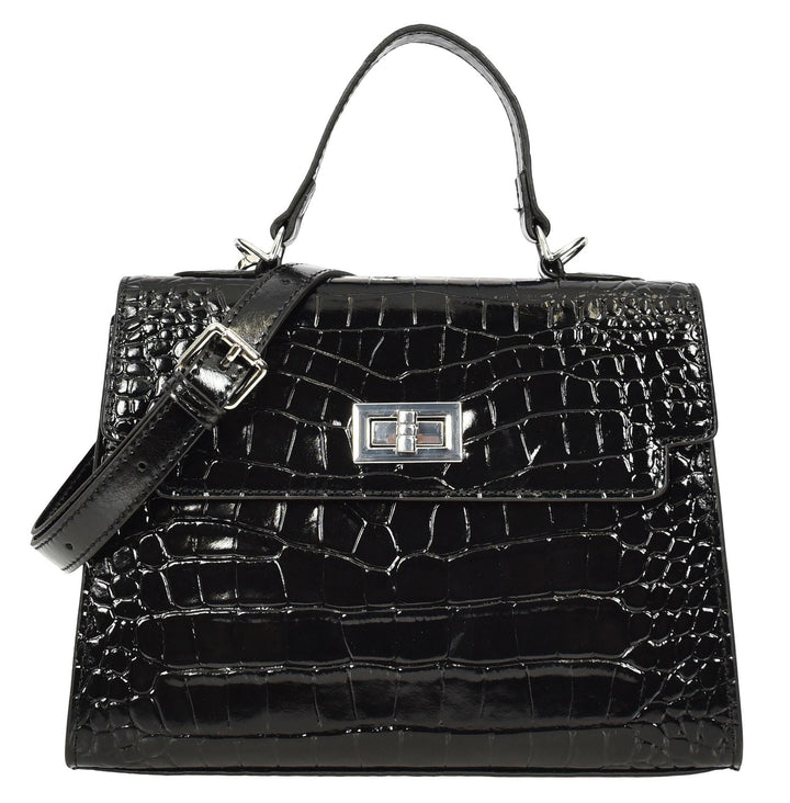 Women's Leather Structured Top Handle Handbag with Shoulder Strap HOL8617 Black