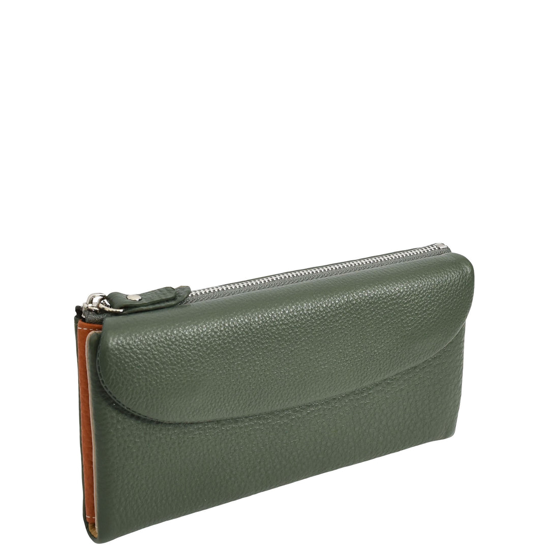 Womens Real Leather Clutch Purse Multi-Coloured Interior Card Holder Zip Pocket HOL8819 Green