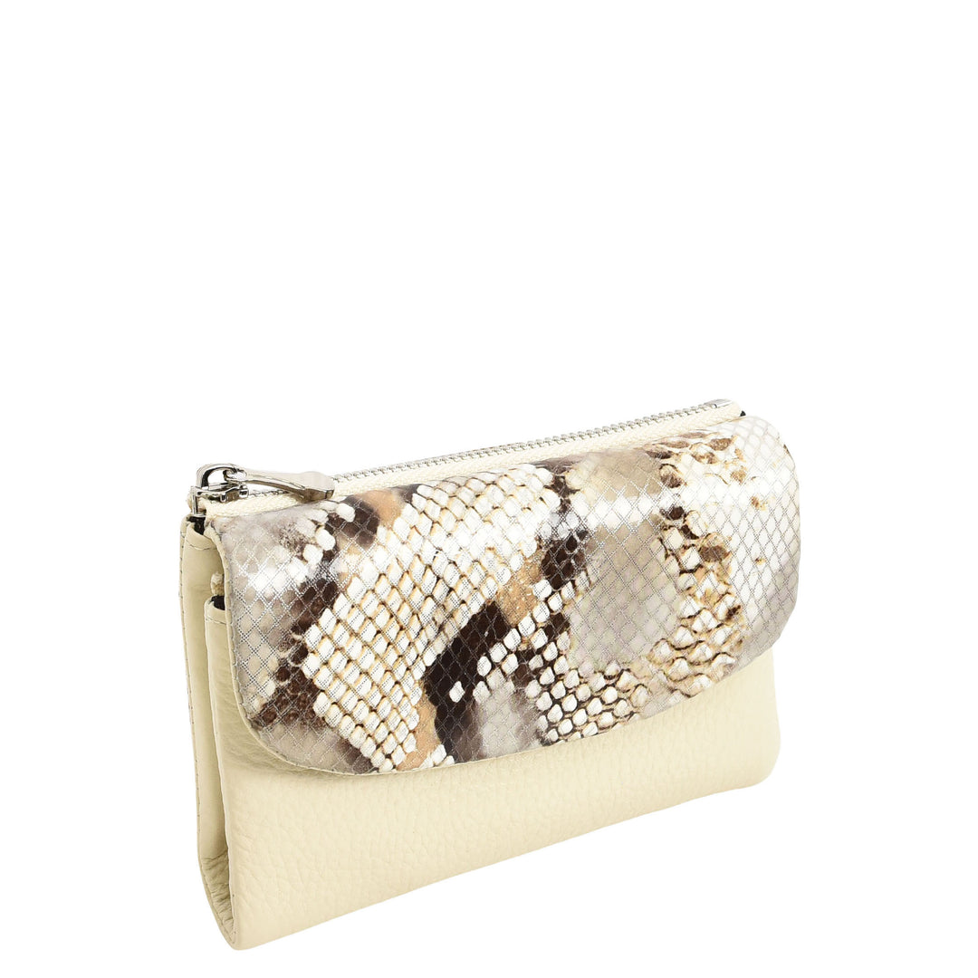 Womens Real Leather Purse Snake-Print Clutch Wallet HOL8833 Off White