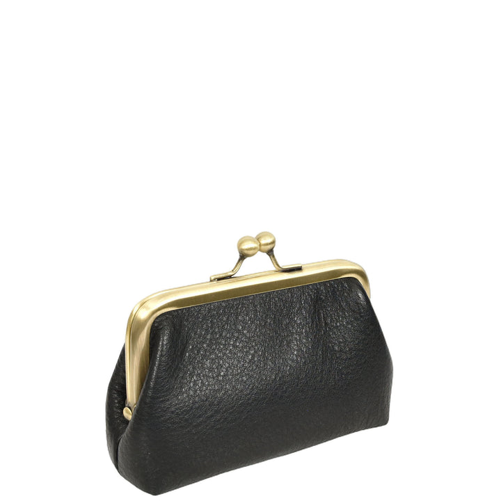 Womens Real Leather Small Coin Purse with Kiss Lock Closure HOL2205 Black
