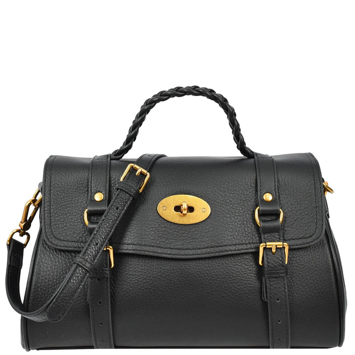 Womens Real Leather Handbag Classic Satchel Top-Handle Style Greta Black-1