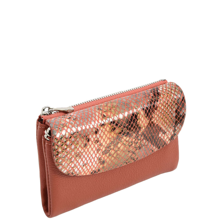 Womens Real Leather Purse Snake-Print Clutch Wallet HOL8833 Coral