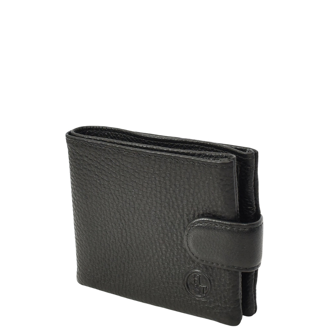 Mens Real Leather Bifold Wallet Button Snap Closure Soren Black