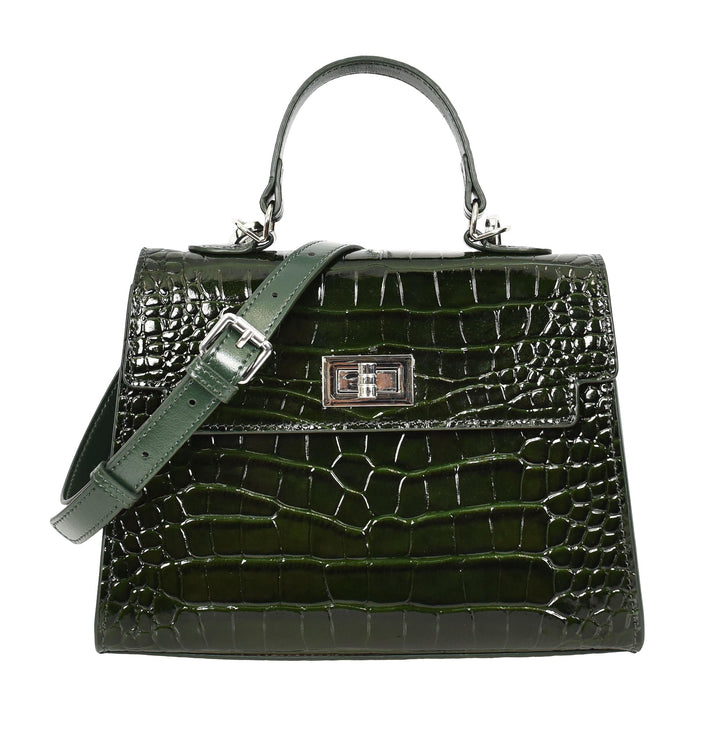 Women's Leather Structured Top Handle Handbag with Shoulder Strap HOL8617 Green