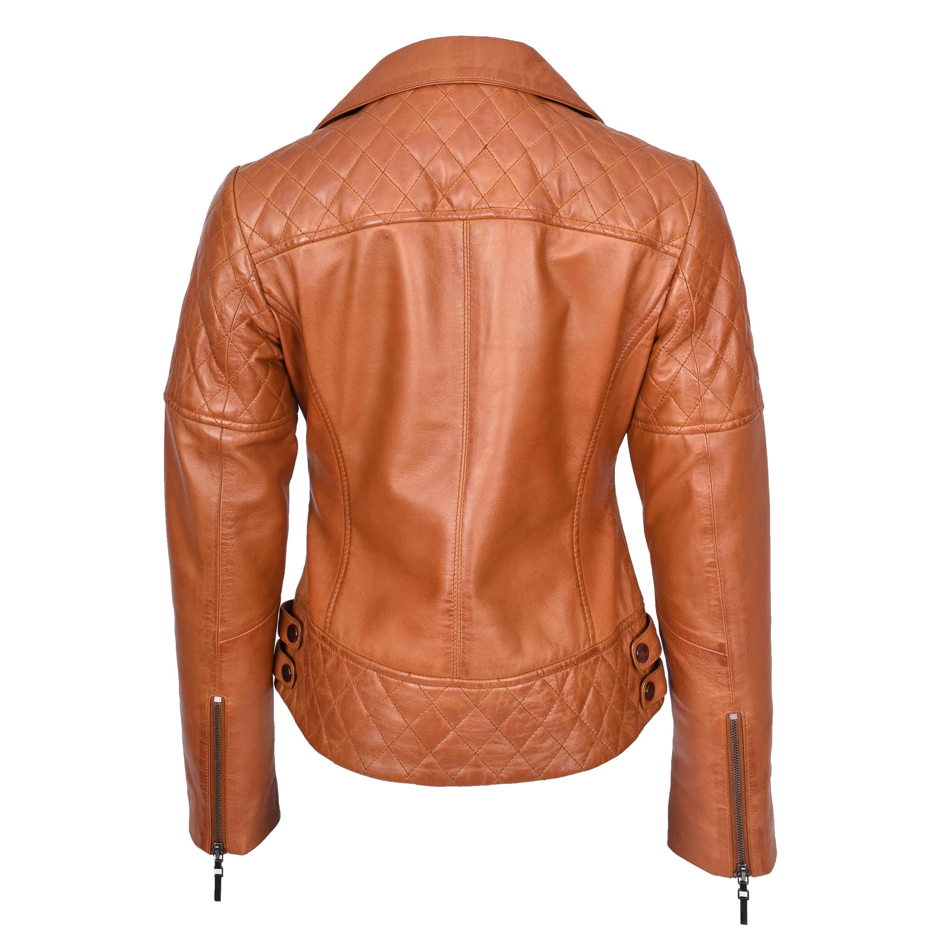 Women's Real Leather Jacket Multi Cross Zip Biker Style Fitted Quilted Nixi Tan-2