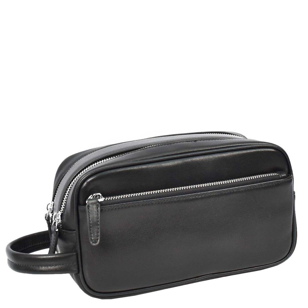 Real Leather Toiletries Bag Medium Size Travel Dopp Kit Organiser Style Oslo Black-2