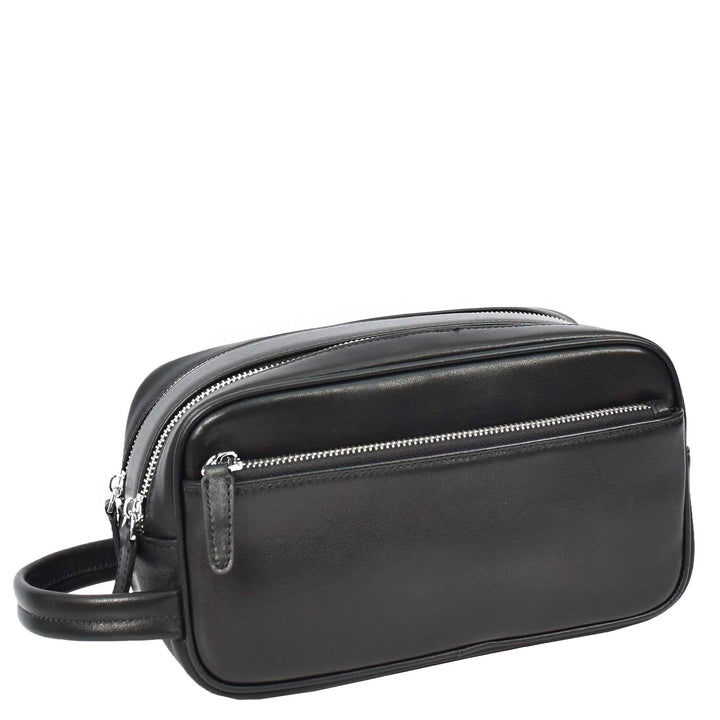 Real Leather Toiletries Bag Medium Size Travel Dopp Kit Organiser Style Oslo Black-2