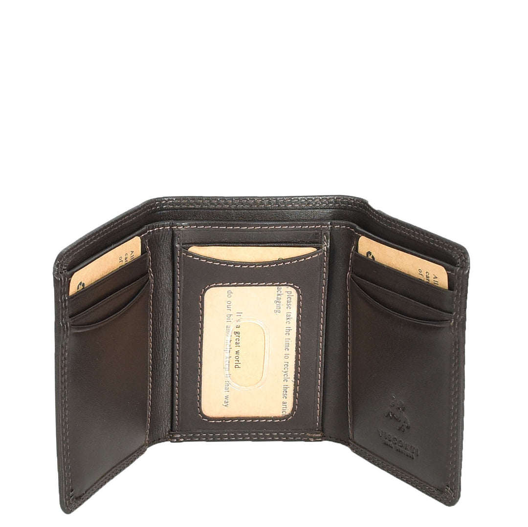 Mens Leather Tri-fold RFID Slim Wallet Banknotes Credit Cards ID Card Holder HOL181 Brown