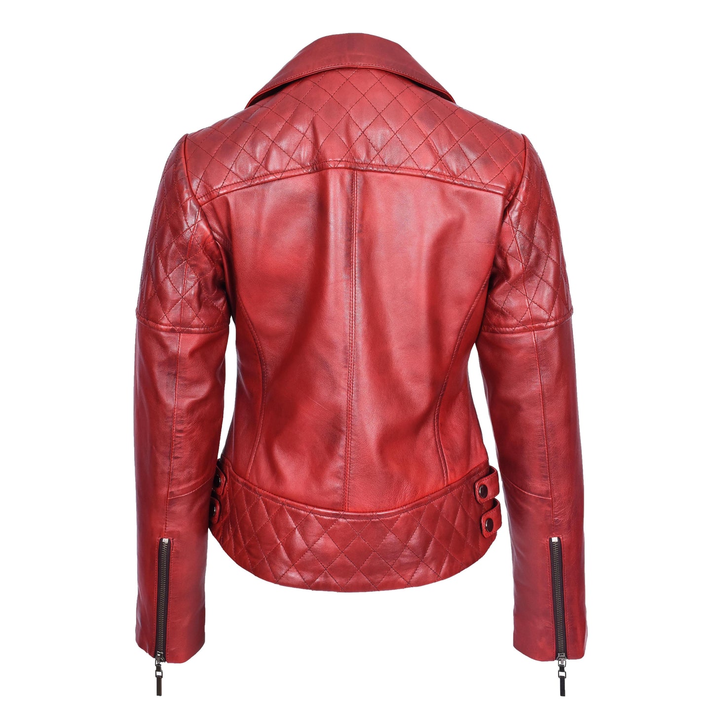 Women's Real Leather Jacket Multi Cross Zip Biker Style Fitted Quilted Nixi Burnish Red-2