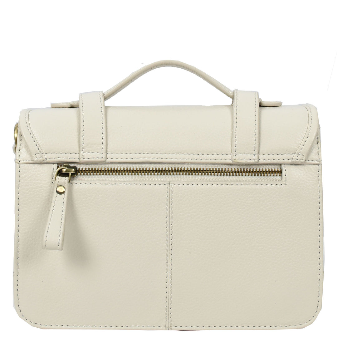 Vintage Style Womens Satchel Handbag Real Leather Crossbody Purse with Buckles Roxy White