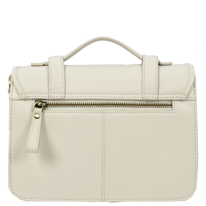 Vintage Style Womens Satchel Handbag Real Leather Crossbody Purse with Buckles Roxy White