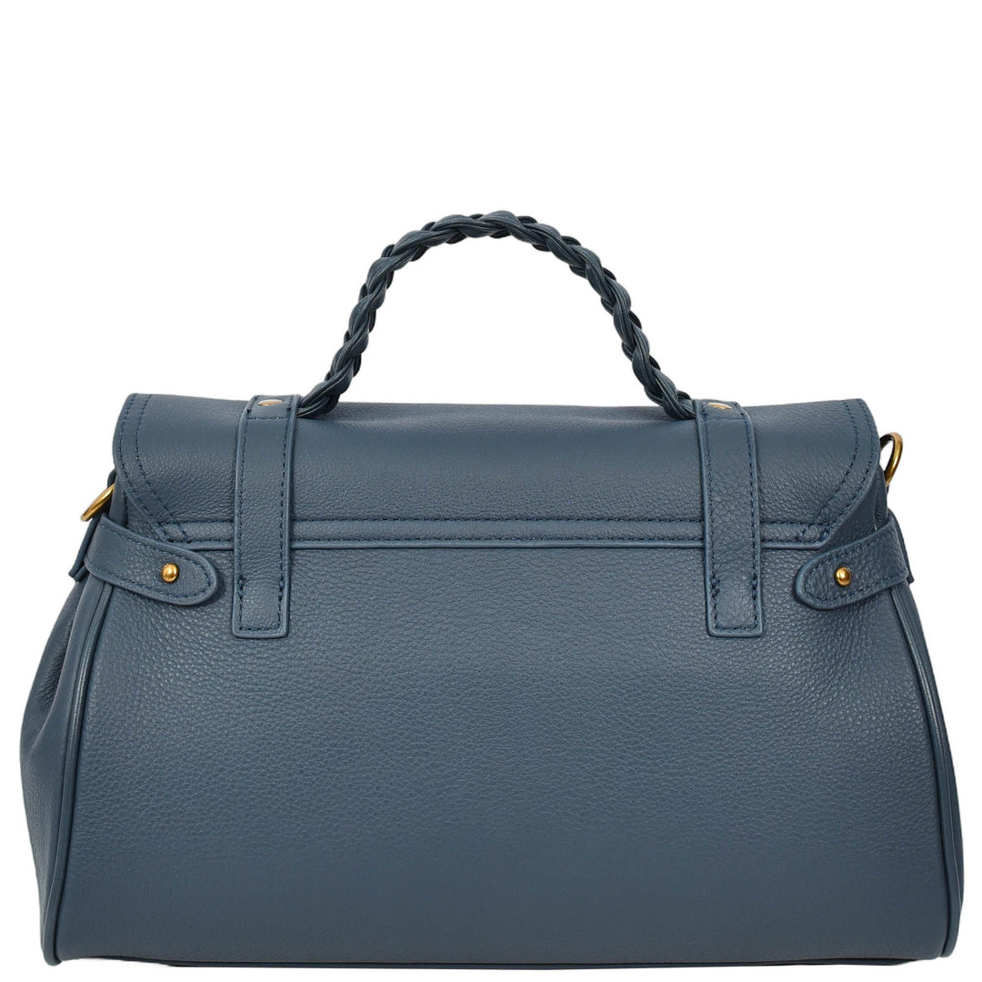 Womens Real Leather Handbag Classic Satchel Top-Handle Style Greta Blue-2