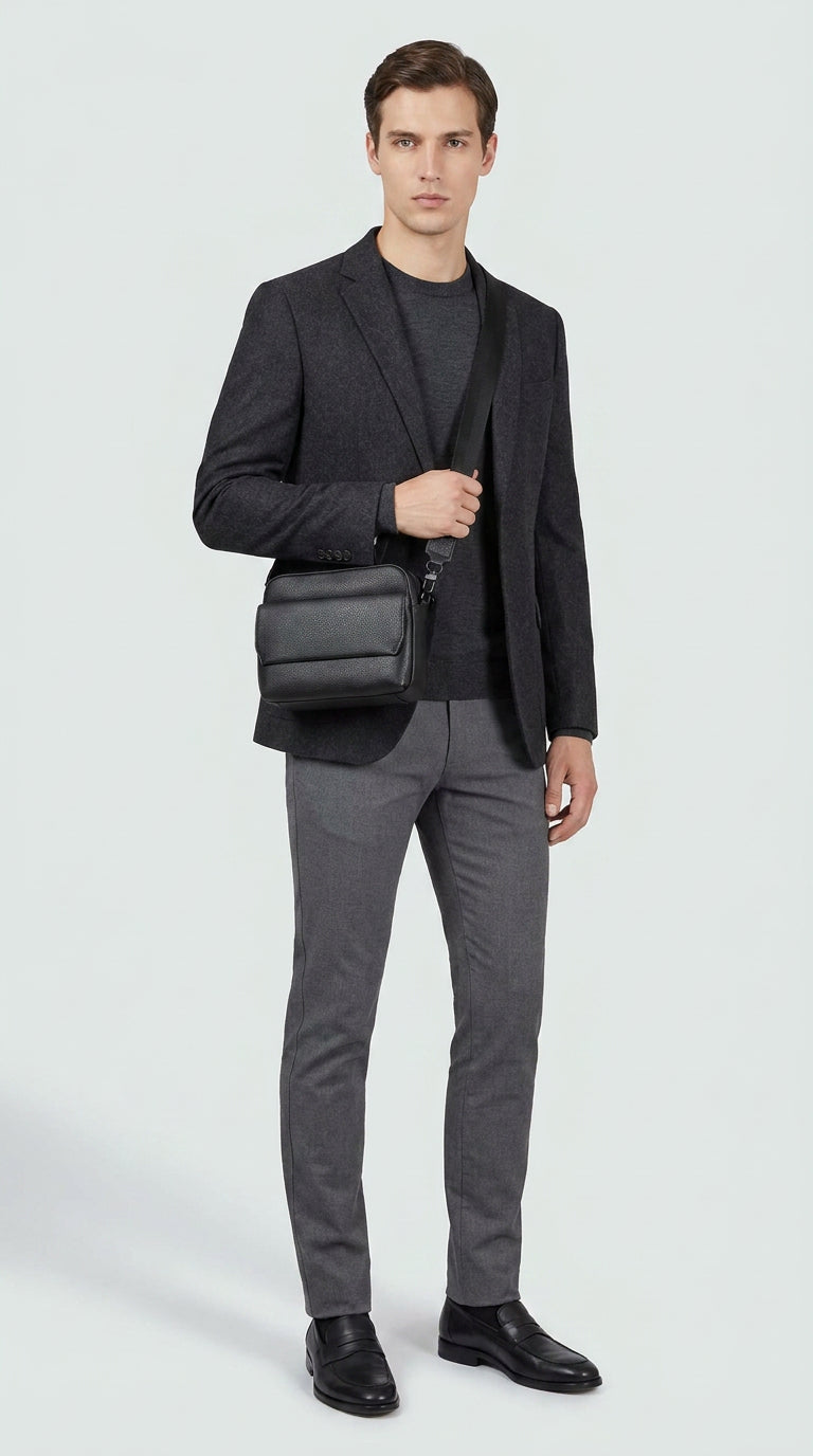 Men's Real Leather Crossbody Flight Bag Adjustable Strap Sandy Black