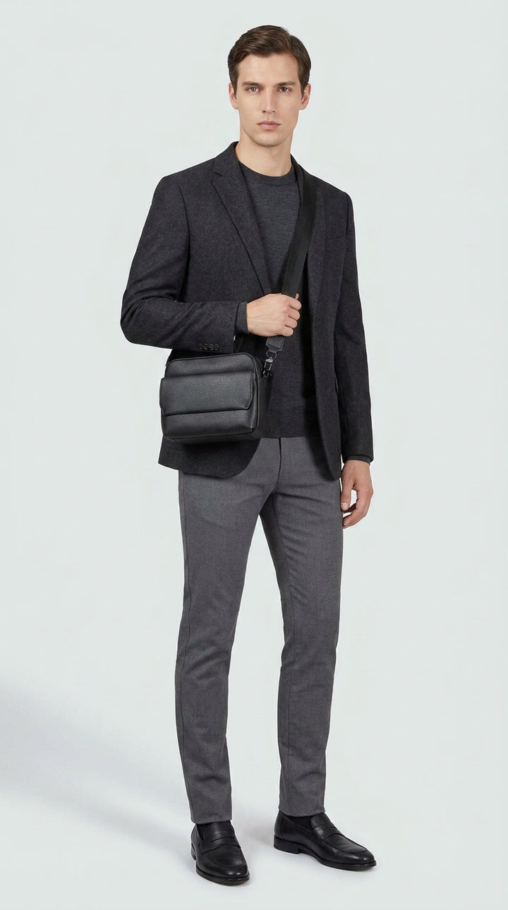 Men's Real Leather Crossbody Flight Bag Adjustable Strap Sandy Black