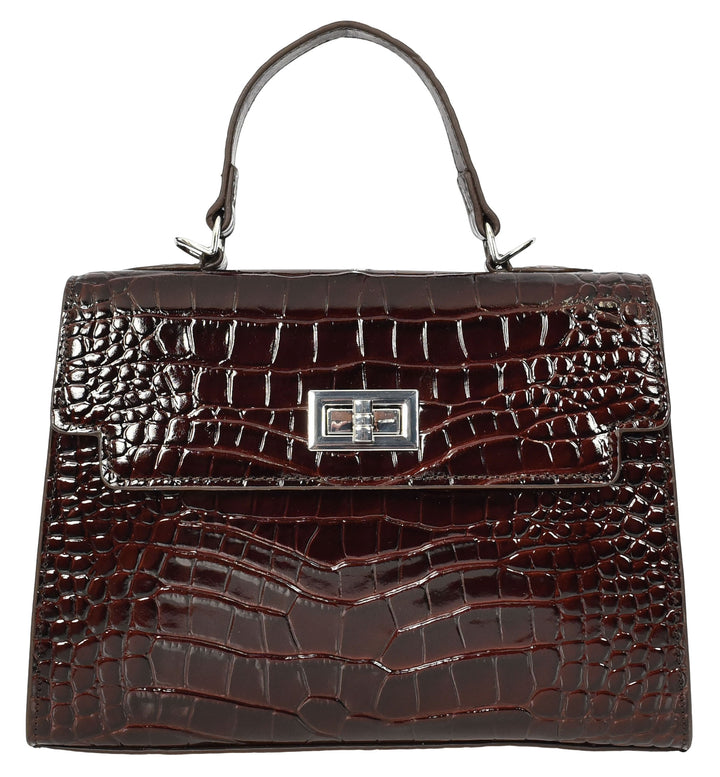 Women's Leather Structured Top Handle Handbag with Shoulder Strap HOL8617 Coffee