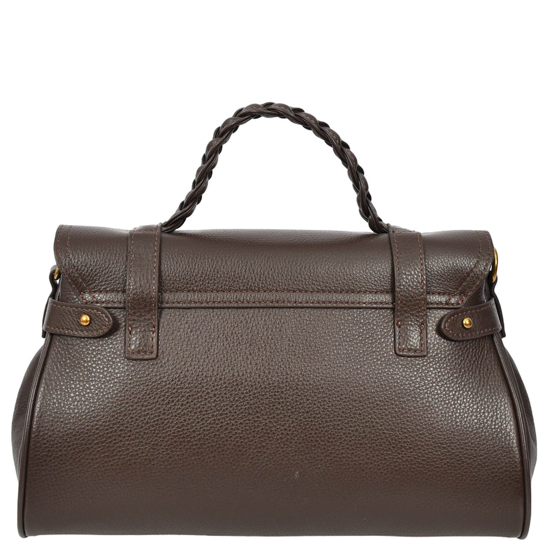 Womens Real Leather Handbag Classic Satchel Top-Handle Style Greta Brown-2