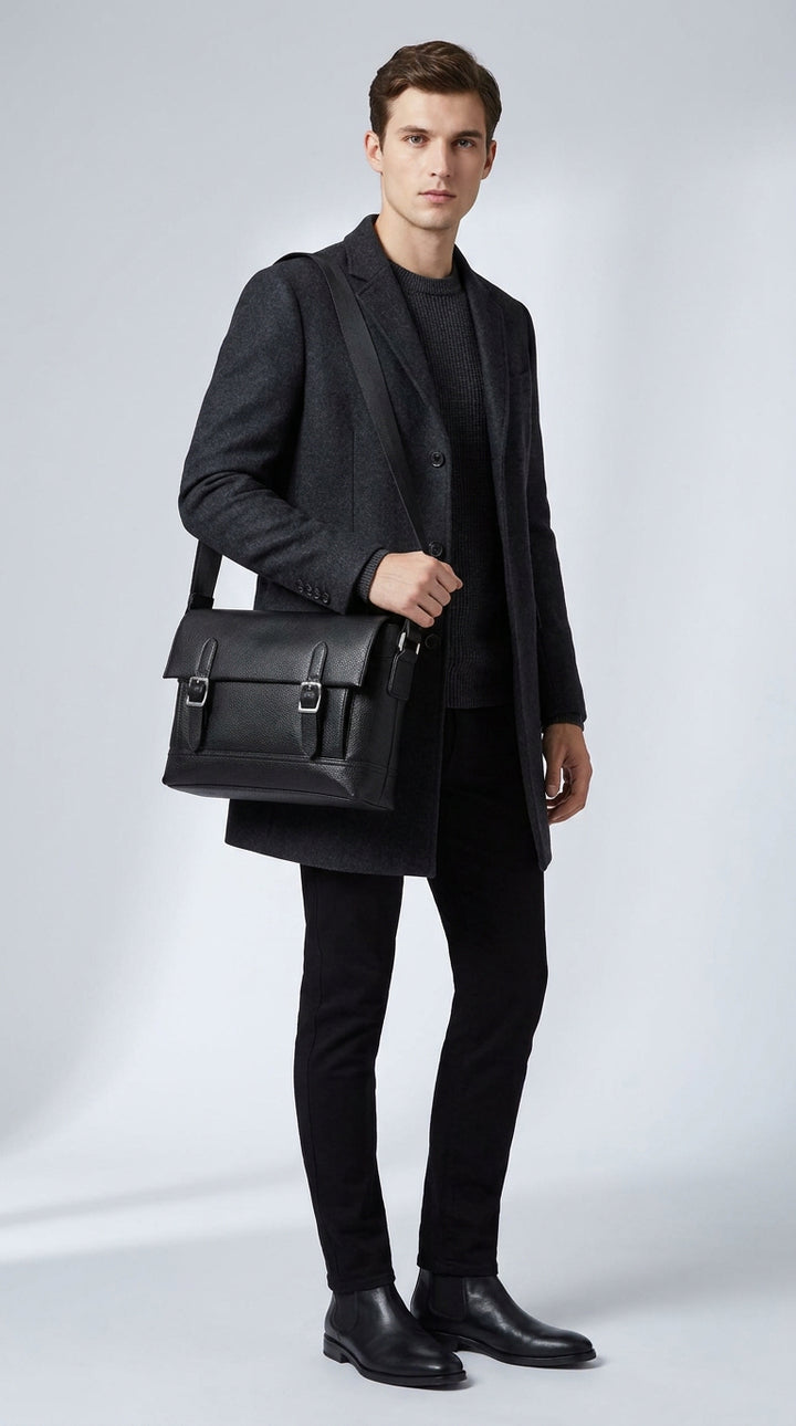Men's Real Leather Crossbody Messenger Bag Flap Over Dual Buckle Ted Black