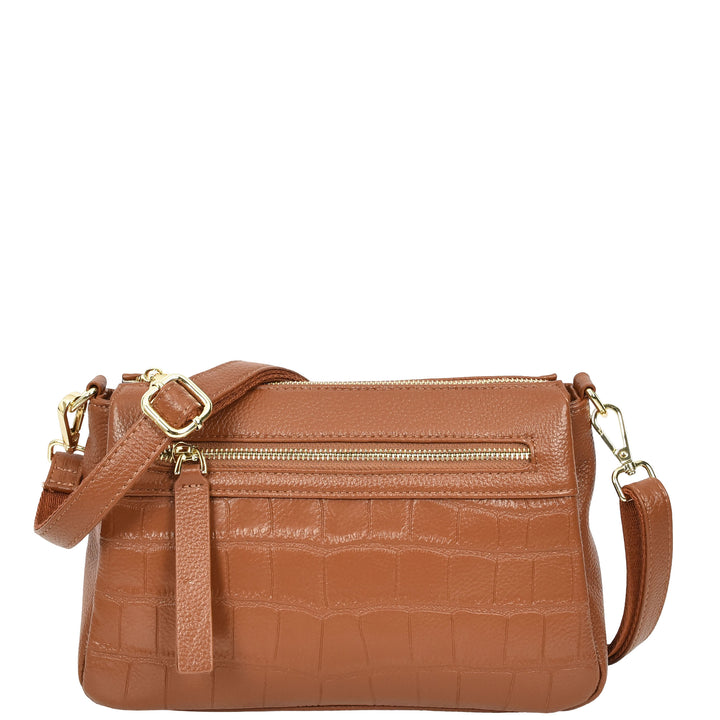 Womens Real Leather Shoulder Handbag Croc-Print Design Everyday Bag Edlyn Tan