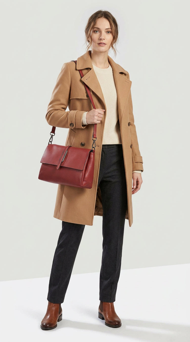 Women's Premium Leather Shoulder Bag 2-in-1 Style Handbag  Zelia Red