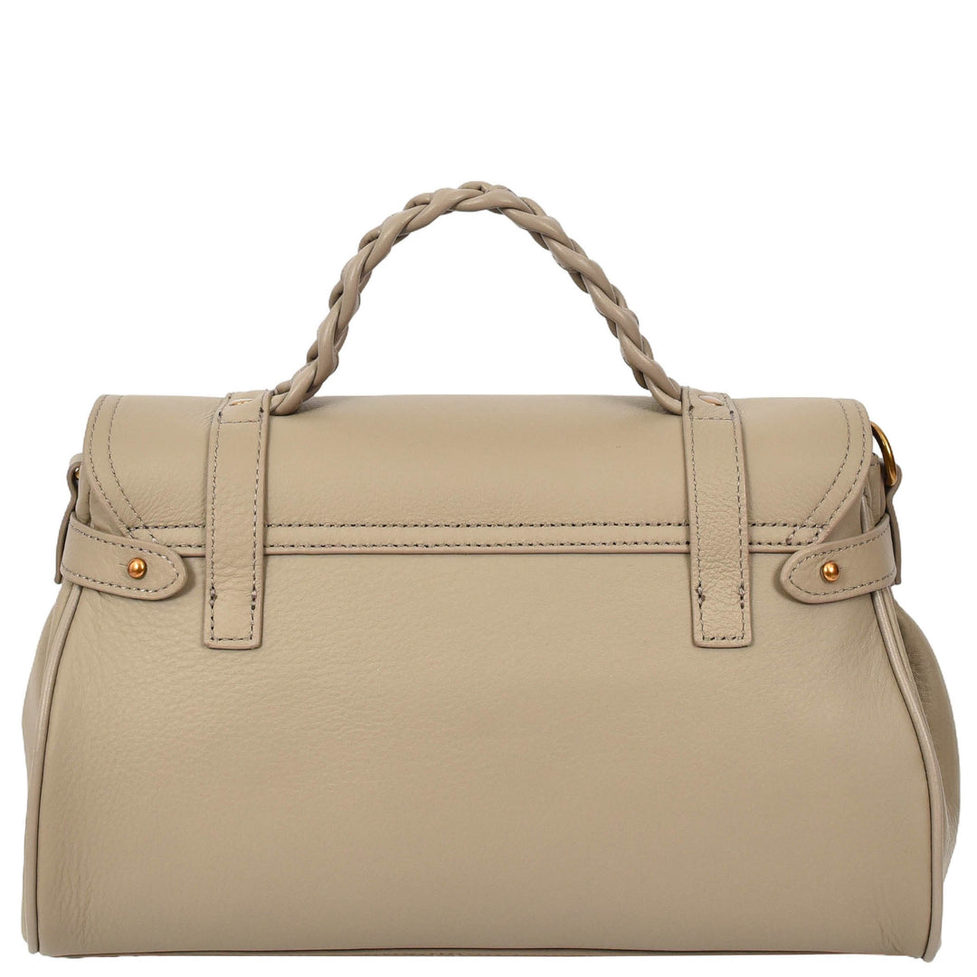 Womens Real Leather Handbag Classic Satchel Top-Handle Style Greta Beige-2