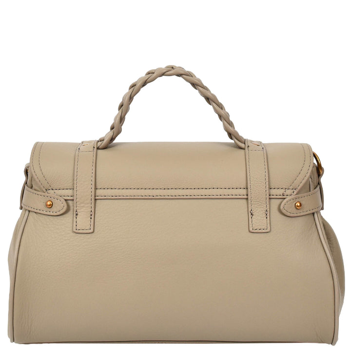 Womens Real Leather Handbag Classic Satchel Top-Handle Style Greta Beige-2