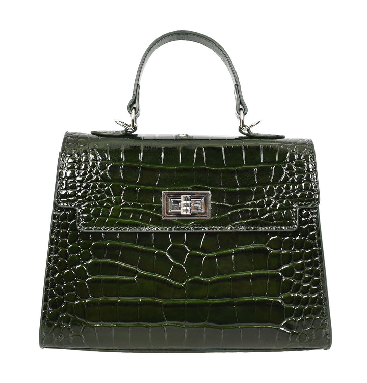 Women's Leather Structured Top Handle Handbag with Shoulder Strap HOL8617 Green