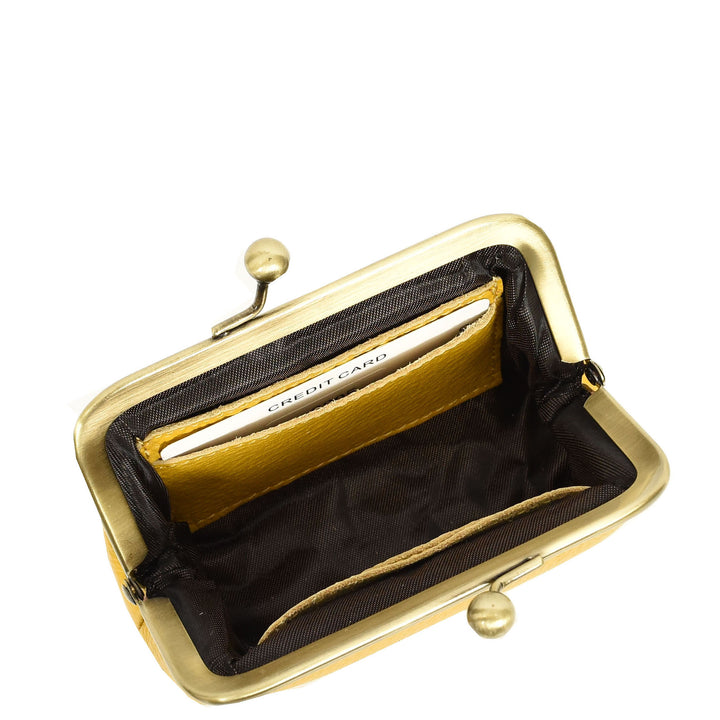 Womens Real Leather Small Coin Purse with Kiss Lock Closure HOL2205 Yellow