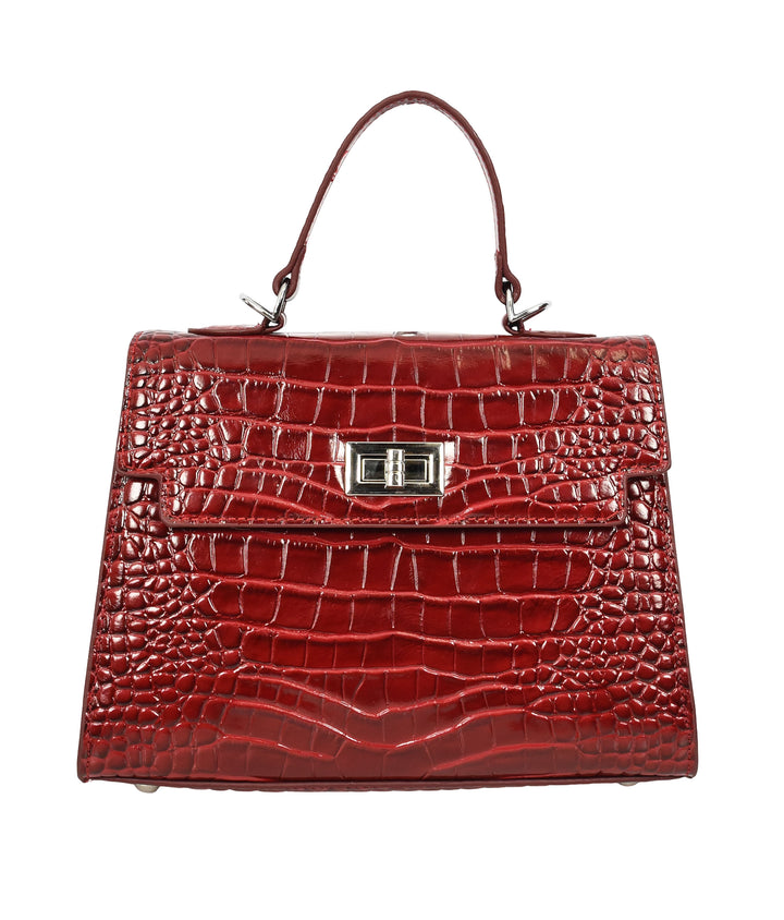 Women's Leather Structured Top Handle Handbag with Shoulder Strap HOL8617 Red