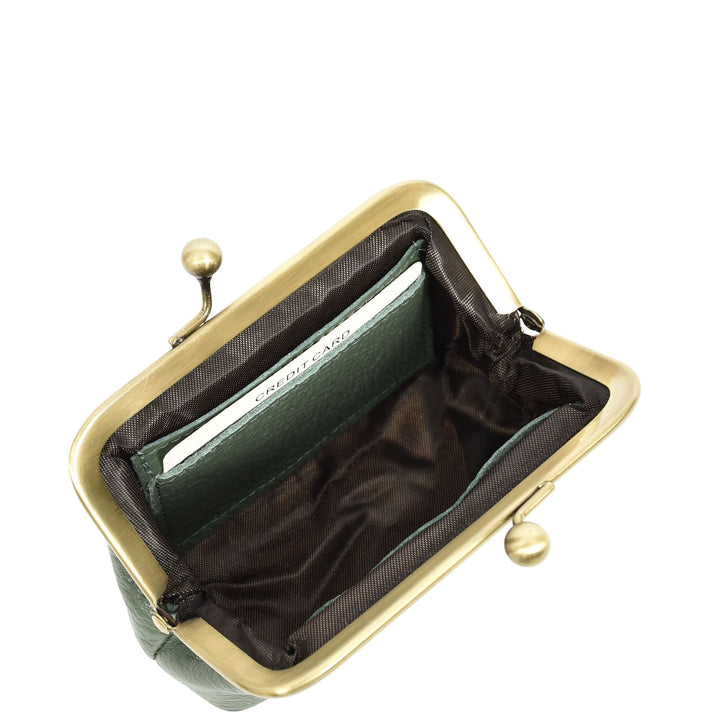 Womens Real Leather Small Coin Purse with Kiss Lock Closure HOL2205 Green