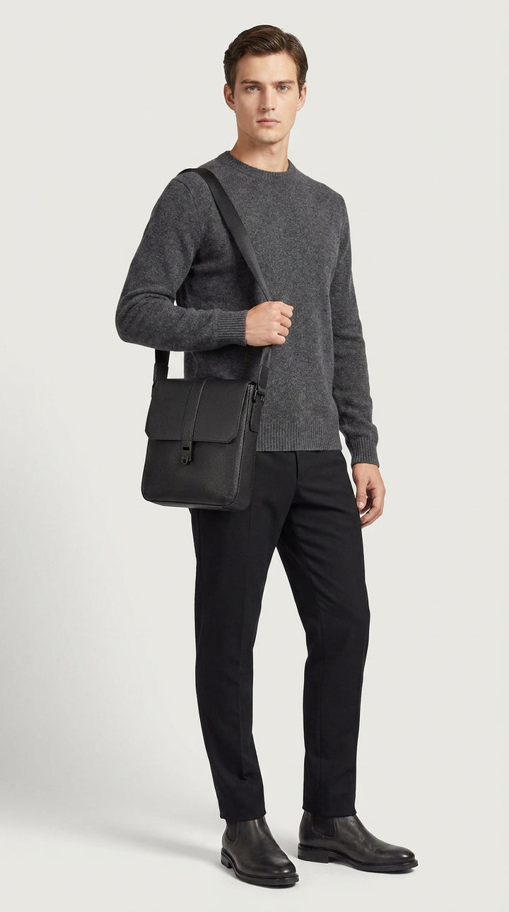Men's Real Leather Crossbody Messenger Bag Elian Black