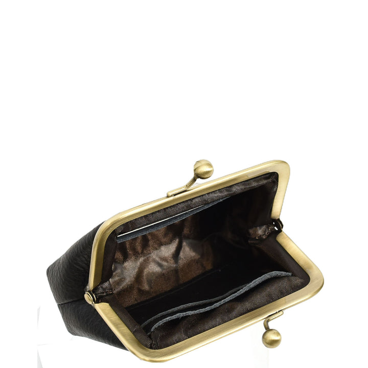 Womens Real Leather Small Coin Purse with Kiss Lock Closure HOL2205 Black