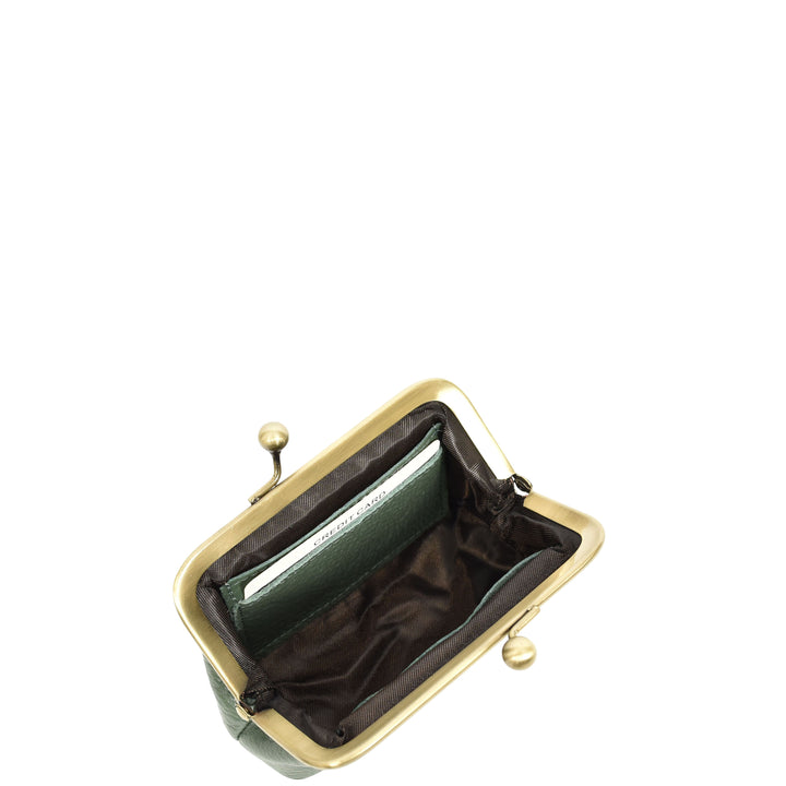 Womens Real Leather Small Coin Purse with Kiss Lock Closure HOL2205 Green