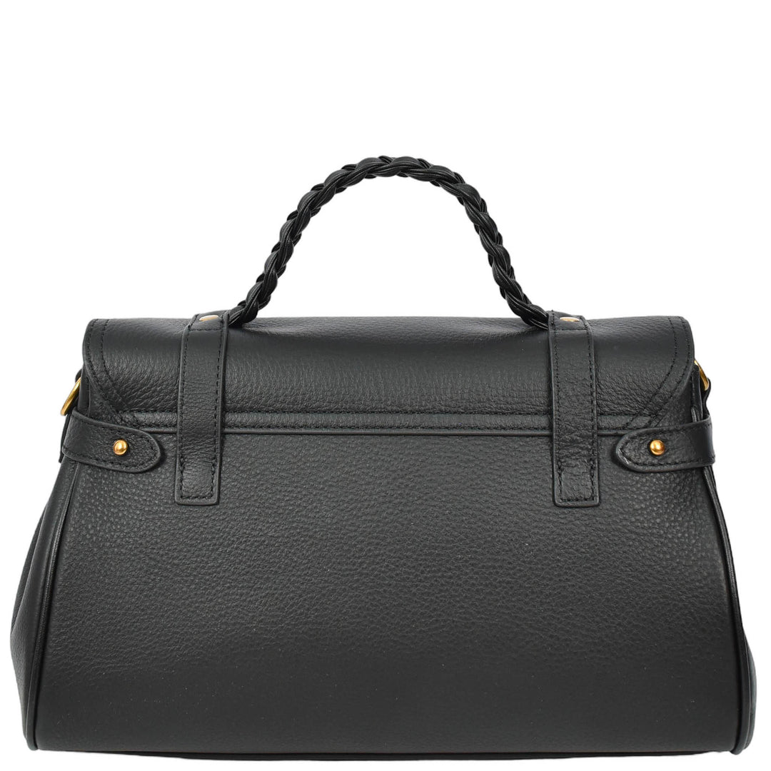 Womens Real Leather Handbag Classic Satchel Top-Handle Style Greta Black-2