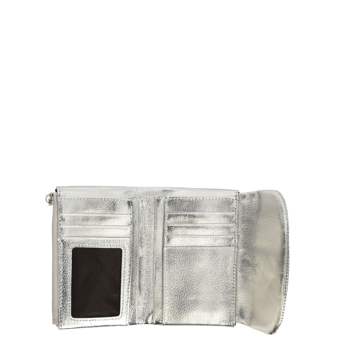 Womens Real Leather Bi-fold Purse Compact Wallet HOL3033 Silver