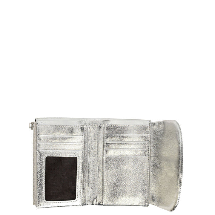 Womens Real Leather Bi-fold Purse Compact Wallet HOL3033 Silver