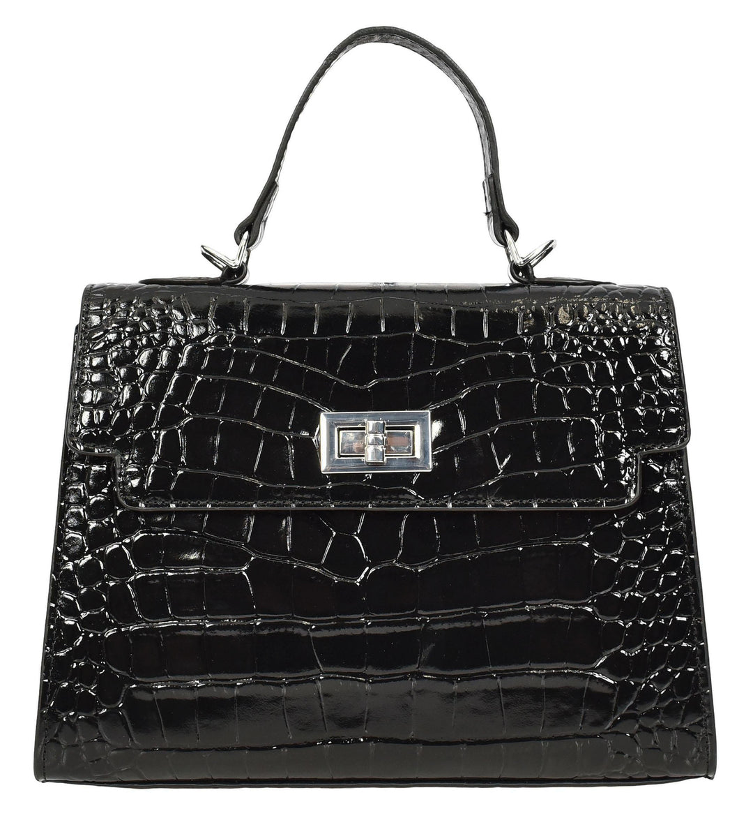 Women's Leather Structured Top Handle Handbag with Shoulder Strap HOL8617 Black