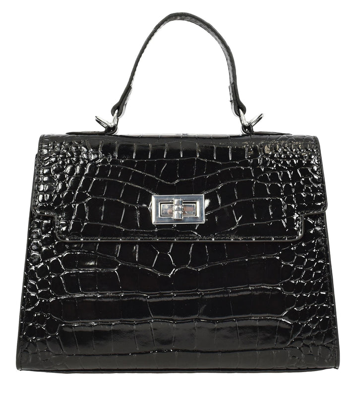 Women's Leather Structured Top Handle Handbag with Shoulder Strap HOL8617 Black