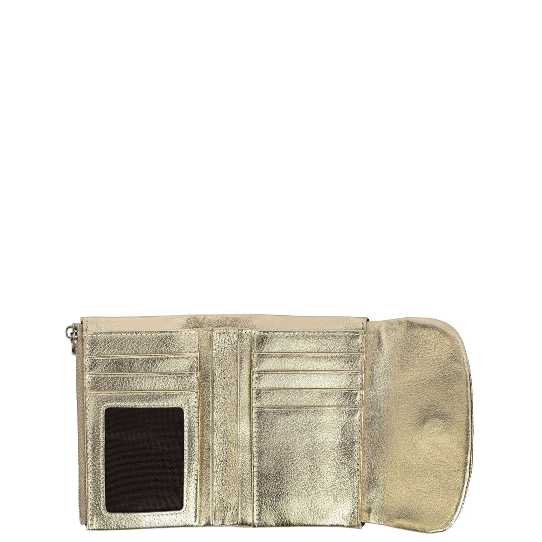 Womens Real Leather Bi-fold Purse Compact Wallet HOL3033 Gold