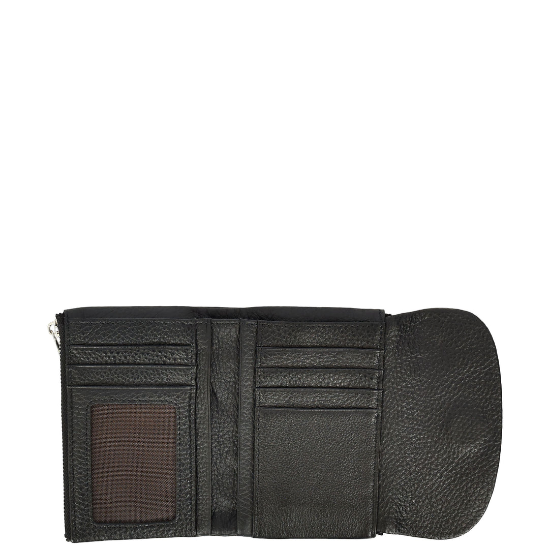 Womens Real Leather Bi-fold Purse Compact Wallet HOL3033 Black