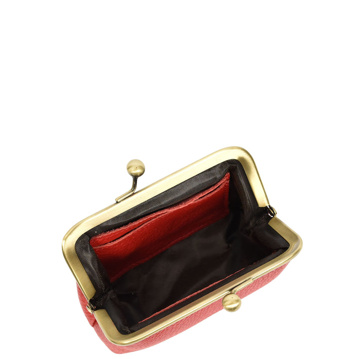 Womens Real Leather Small Coin Purse with Kiss Lock Closure HOL2205 Red